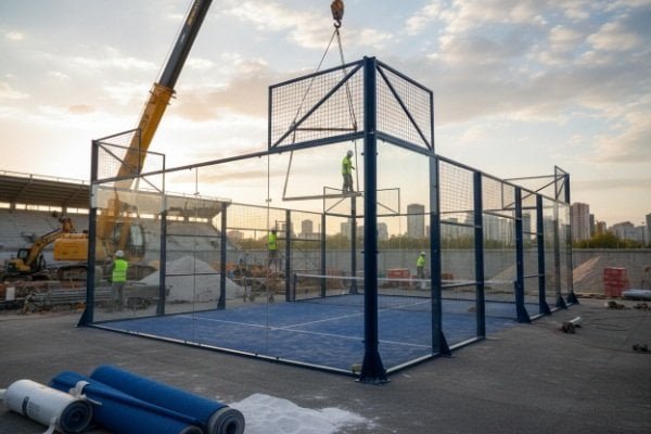 konstruksi lapangan padel dengan dinding kaca dan struktur baja