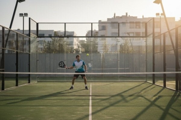 pemain memukul bola padel yang memantul dari dinding kaca