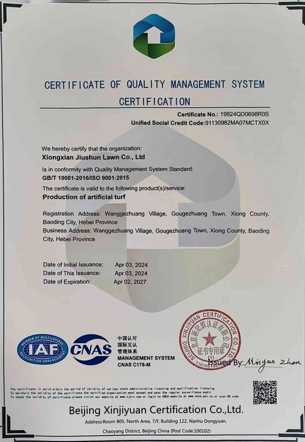 ISO 9001 Certificate