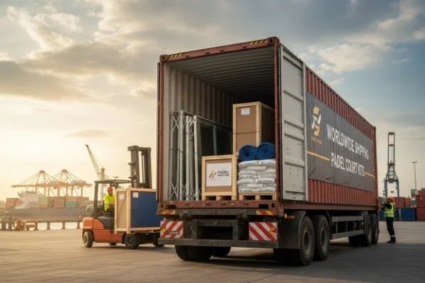 forklift carefully loading padel glass into a shipping container