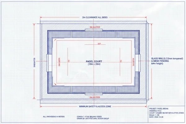 Detailed padel court blueprint with buffer zones