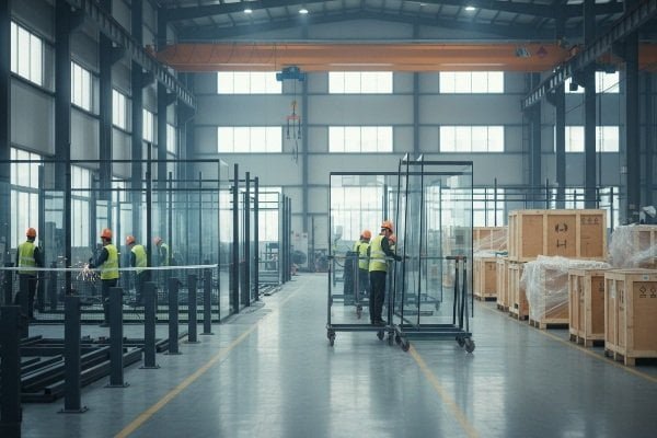 QHPADEL factory production line showing steel structures and glass handling