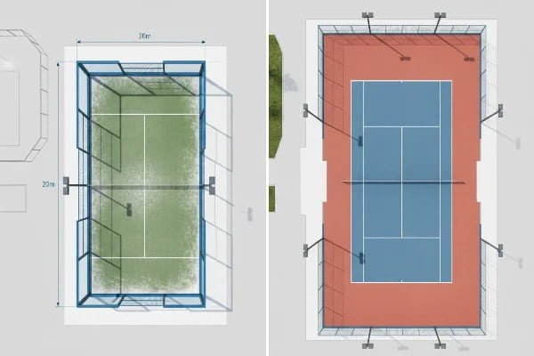 What are the dimensions of a padel court and what is the difference in size with a tennis court?