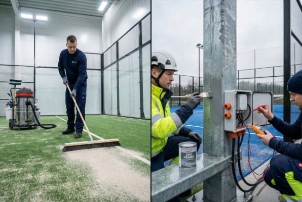 teknisi memeriksa rumput dan struktur baja padel