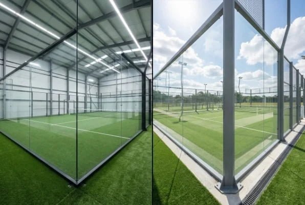 lapangan padel indoor berdampingan dengan lapangan padel outdoor