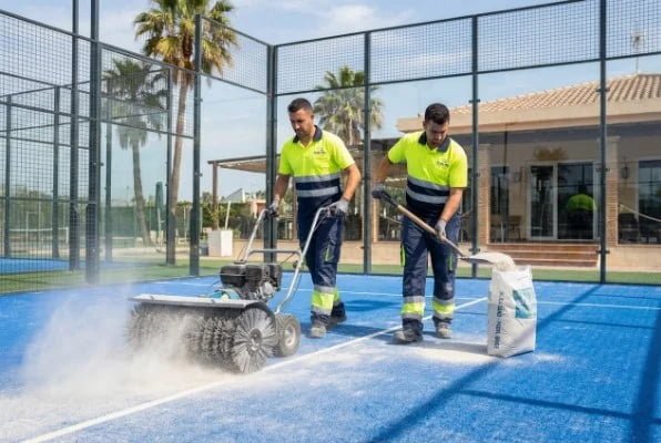 Maintenance crew brushing silica sand on a padel court