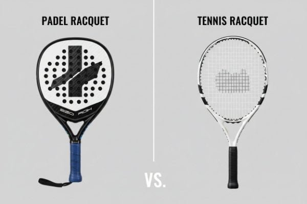 raket padel berlubang dan bola padel di atas rumput sintetis