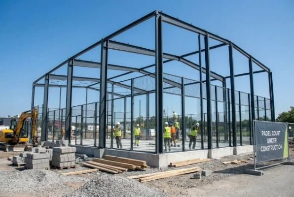 padel court construction site with steel structure