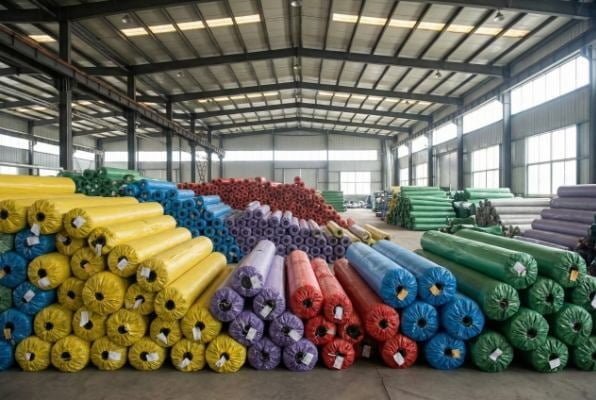 warehouse environment with forklifts and turf rolls