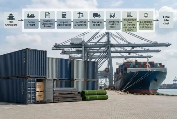 cargo ship carrying padel courts