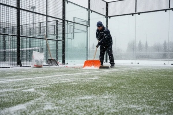 plastic shovel removing snow from artificial turf