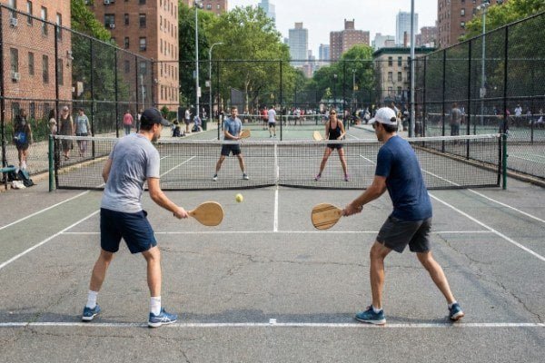 Paddle tennis match on open court