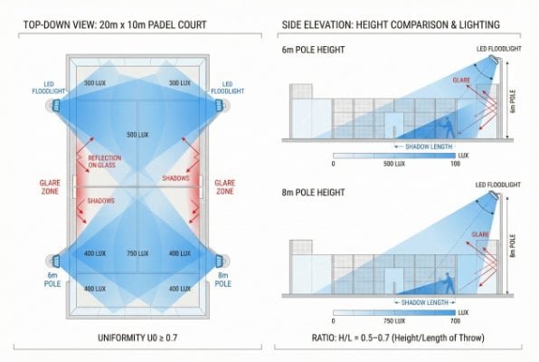 Diagram showing light distribution and shadow angles on a padel court