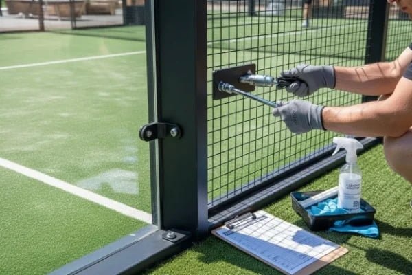 inspecting padel court glass and screws