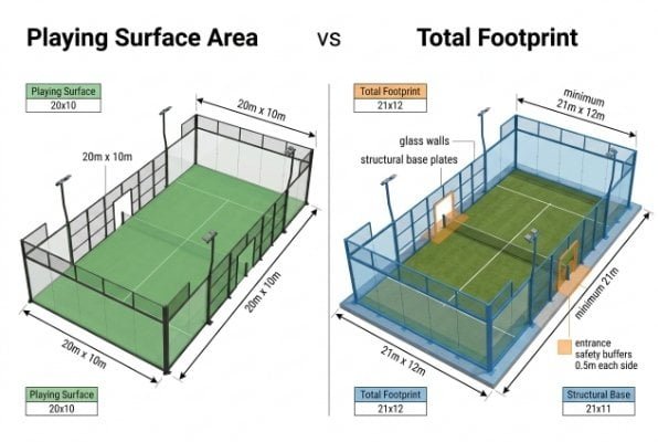 padel court playing area vs total footprint