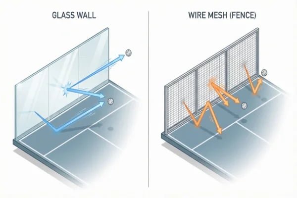 diagram showing ball bounce difference between glass and mesh