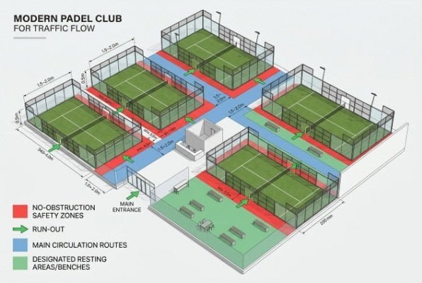 padel court layout traffic flow and safety zones