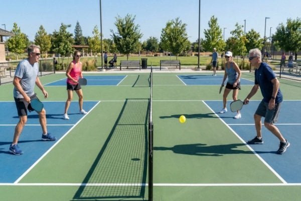 People playing pickleball on a hard court