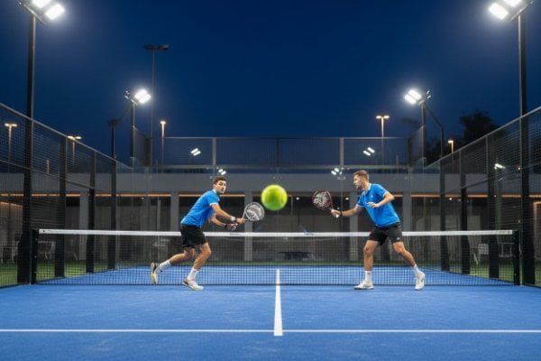 Padel player hitting a ball under bright LED lights
