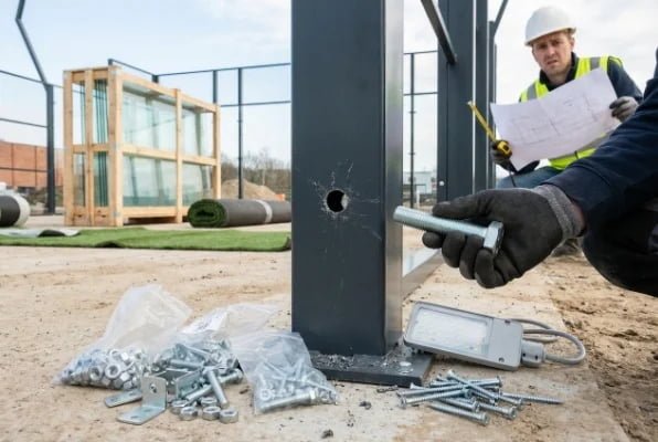 worker holding a bolt that does not fit the hole in a steel beam