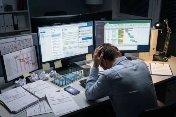 manager stressed looking at multiple computer screens with different supplier emails