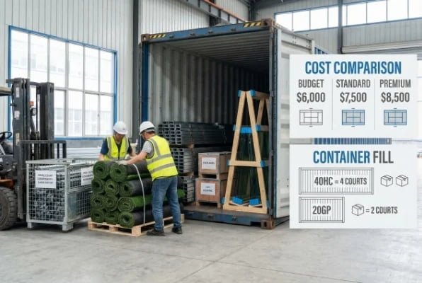 loading padel court components into shipping container