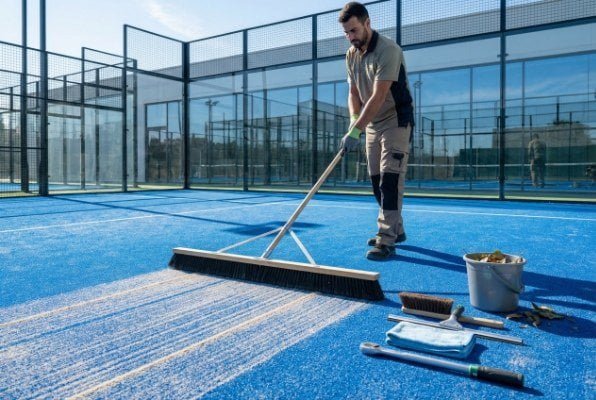 maintenance worker brushing padel turf