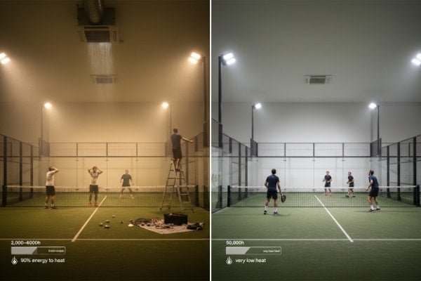 Maintenance worker replacing a light bulb on a high ladder