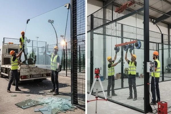 broken tempered glass on padel court construction site