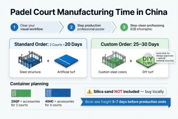 Padel court manufacturing time in China infographic, standard 20 days vs custom 25–30 days