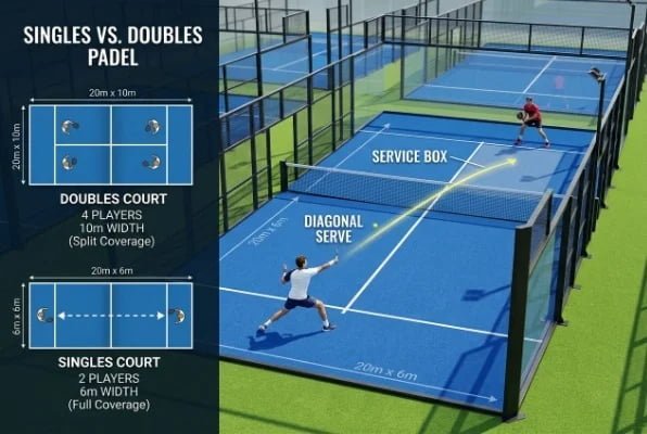 Blue padel court showing singles vs doubles layout comparison