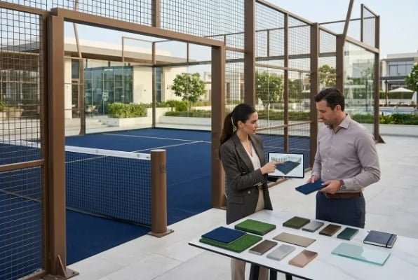 Custom padel court material selection meeting at project site