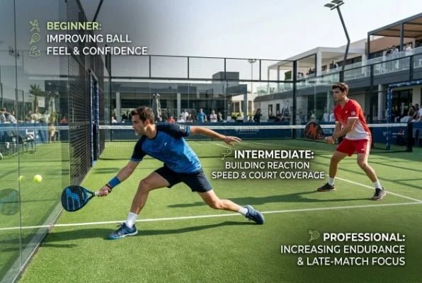Outdoor padel players training on artificial grass court