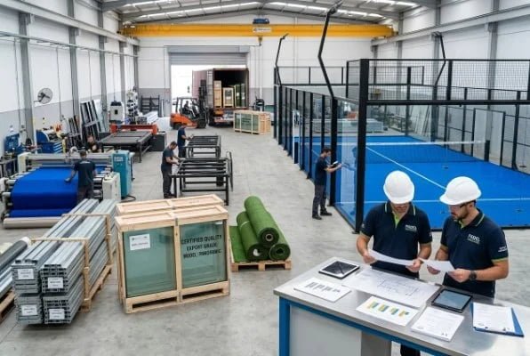 Padel court factory production workshop with export packaging