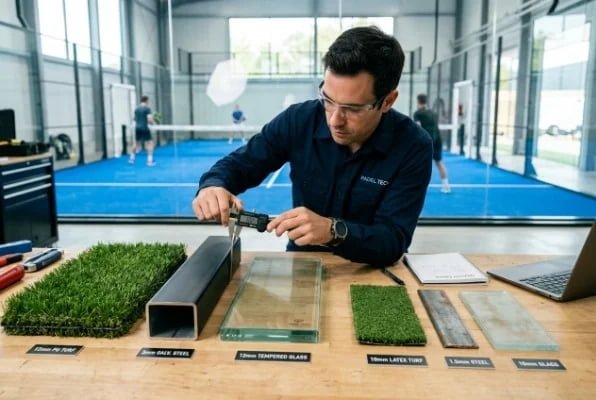 Padel court material testing steel glass and artificial turf
