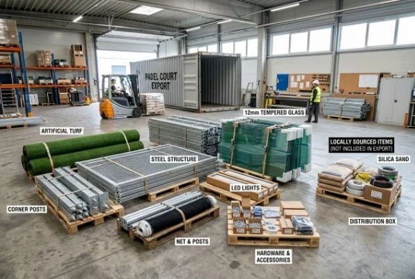 Complete padel court export package with labeled accessories