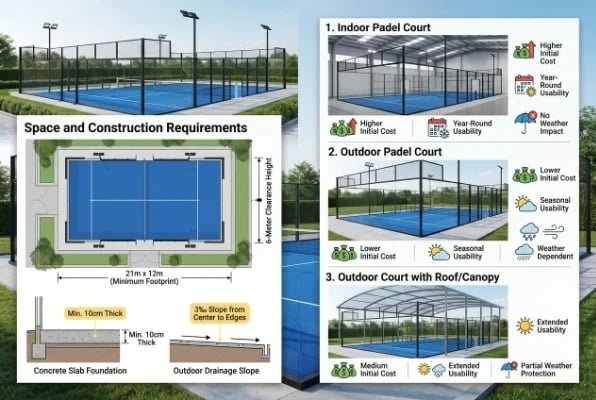 Padel court space requirements and indoor outdoor court comparison