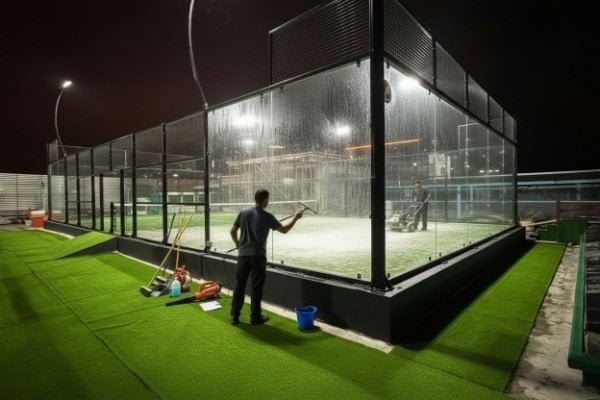 Padel court cleaning and maintenance at night
