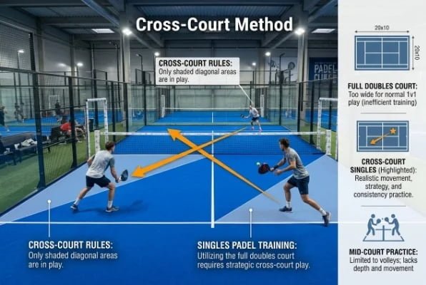Cross-court singles padel training on blue panoramic court