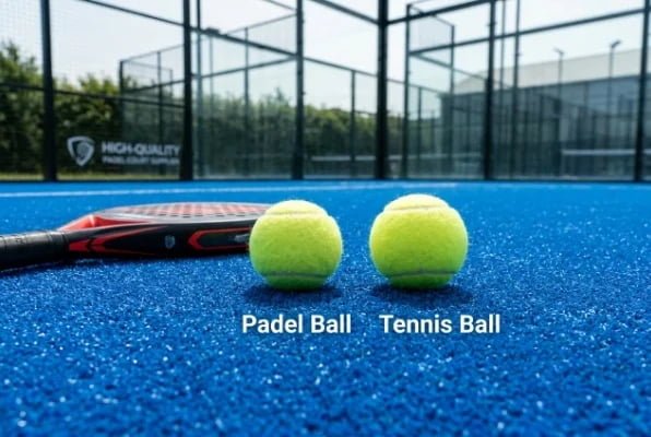 Padel ball and tennis ball comparison on blue artificial turf court