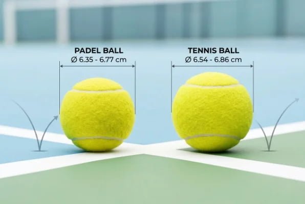 Padel ball and tennis ball size comparison on court