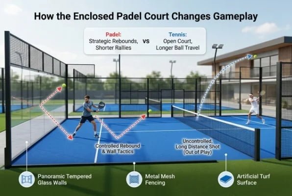 Enclosed padel court gameplay comparison with tennis court