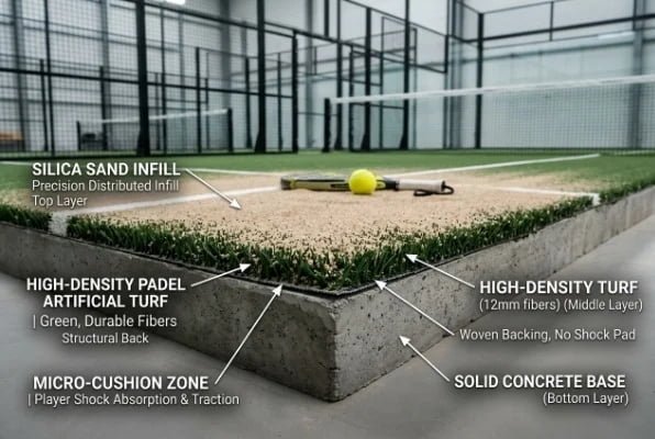 Padel artificial turf layer structure with silica sand infill