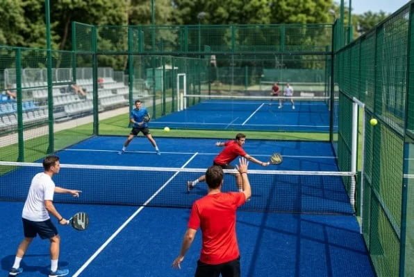 Doubles padel match in action on enclosed blue court