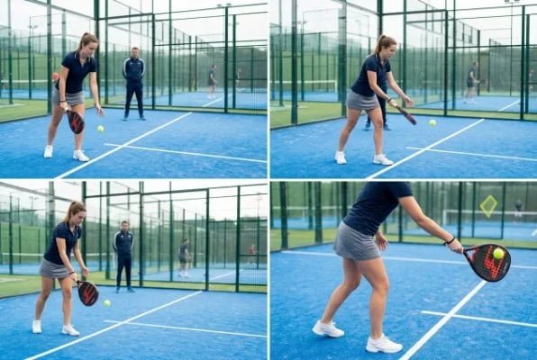 Female player demonstrating padel serve technique on court step by step