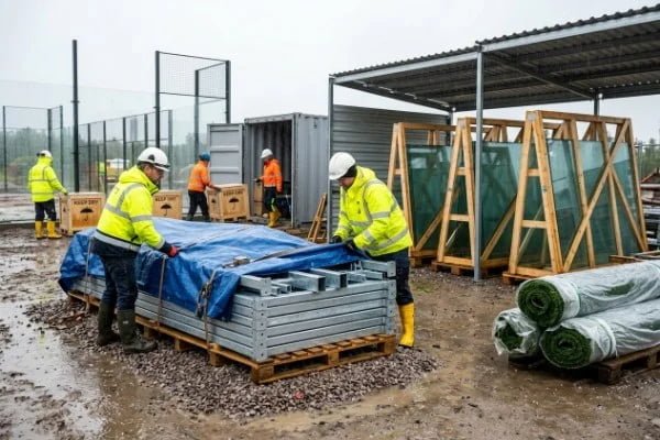 How to protect padel site equipment during outdoor construction in the rainy season?