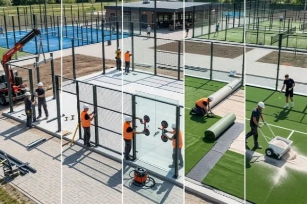 Workers assembling padel court glass and artificial turf