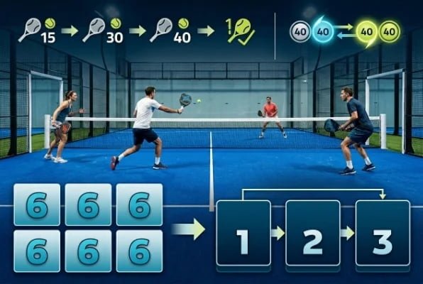 Padel scoring system illustrated on blue court with four players