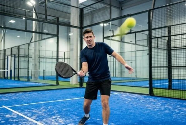 Player hitting padel ball on indoor blue artificial grass court