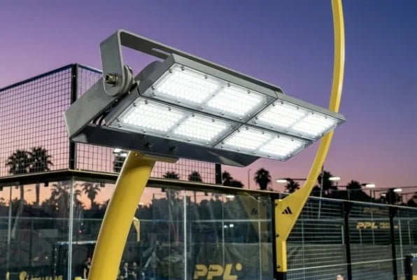Close-up of LED fixture for padel court lighting